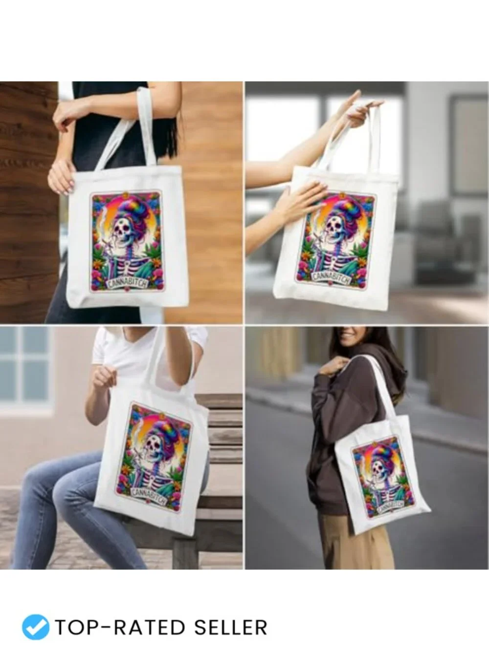 Reusable Canvas Tote Bag with Funny Skull Tarot Card Design, Polyester Cotton,